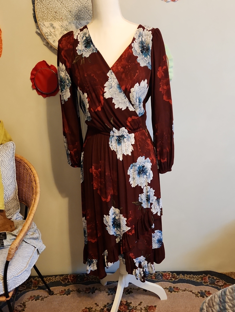 Floral Wrap Midi Dress - Burgundy